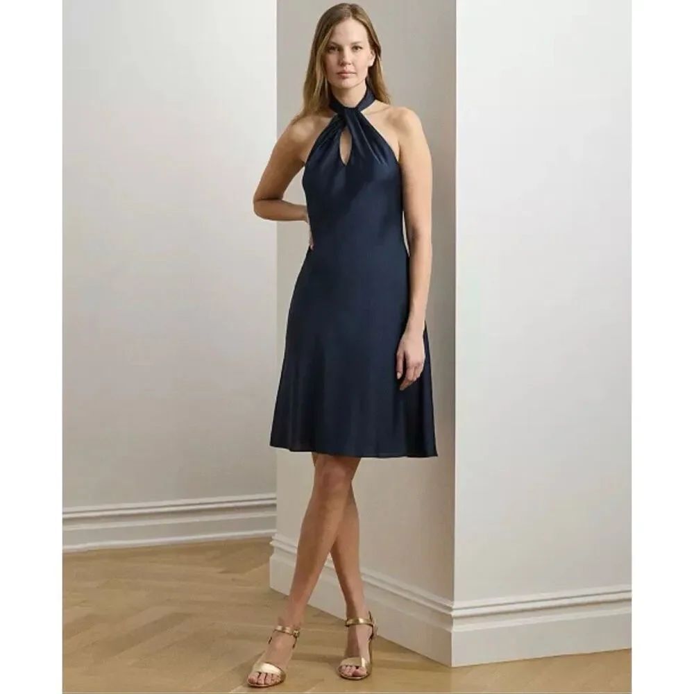 Lauren Ralph Lauren Charmeuse Twist Front Keyhole Halter Cocktail Dress Navy 10